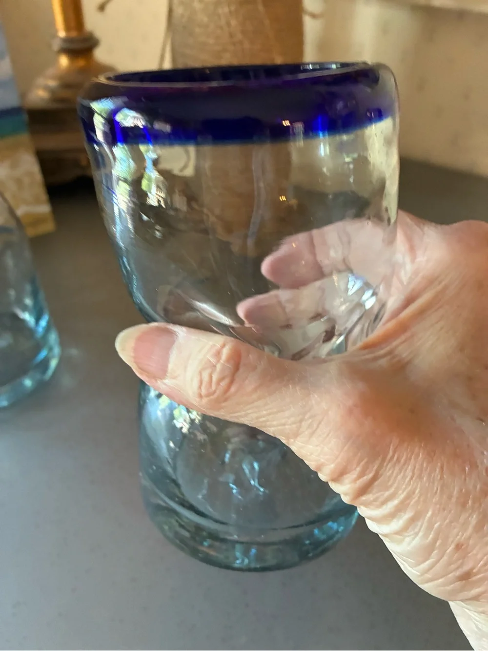 Set of 2 COBALT BLUE rim MEXICAN hand blown THICK glass tumblers. 5.5 inches.